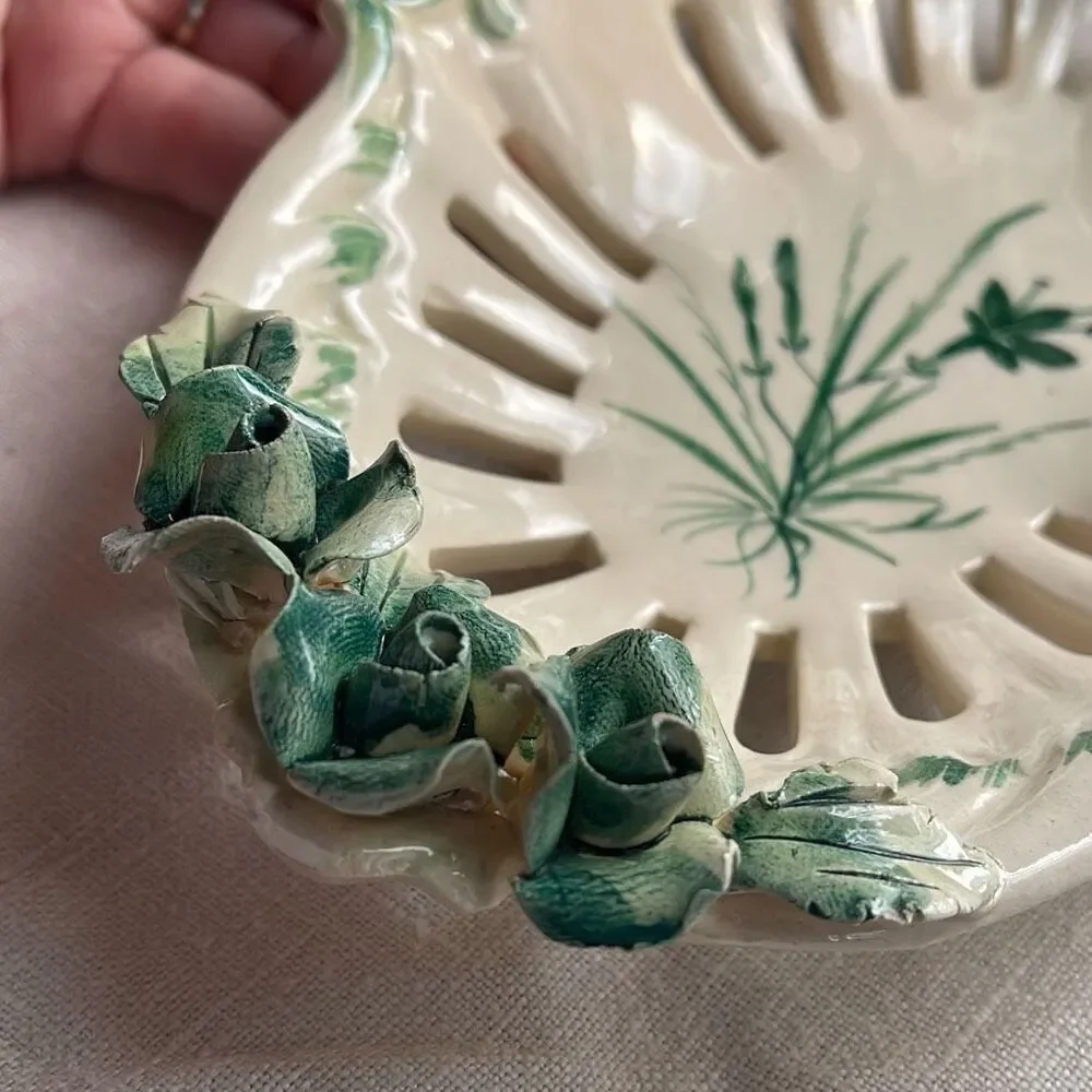Antique Italian Majolica basket raised floral decor